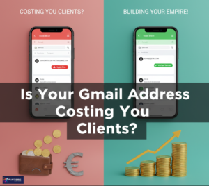 A side-by-side comparison showing a business email sent from a Gmail account labeled as a spam risk versus a professional @mywebs.com email labeled as a verified sender, with a growth chart and gold coins.